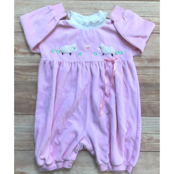 Rebecca Raggs Vintage Bubble Romper Size 24 Mos. Pink Sheep Velour 1990s Y2K - Picture 1 of 8
